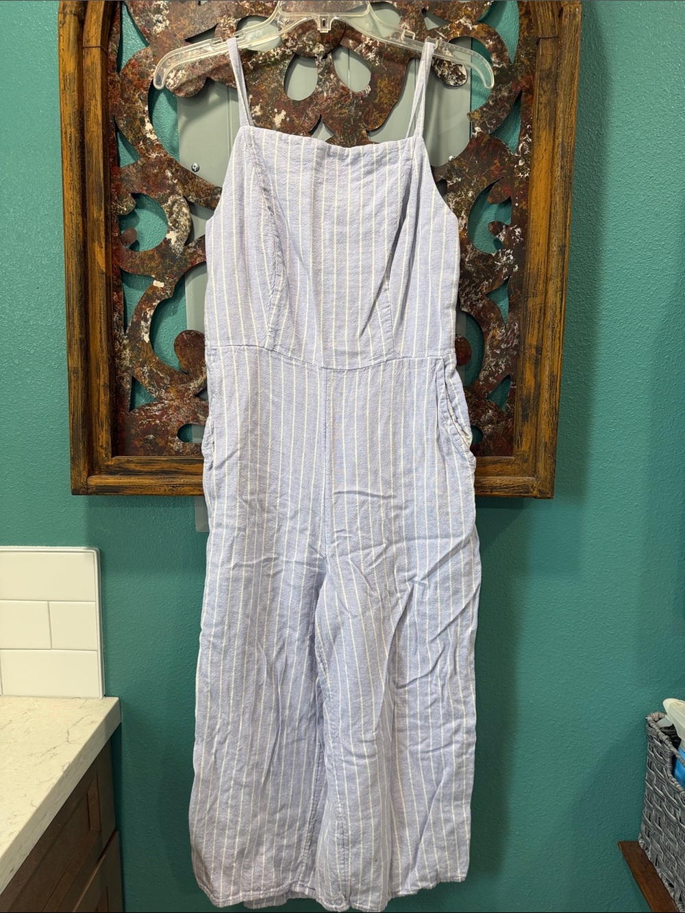 Old Navy Light Blue & White Striped Linen-Blend Wide Leg Jumpsuit